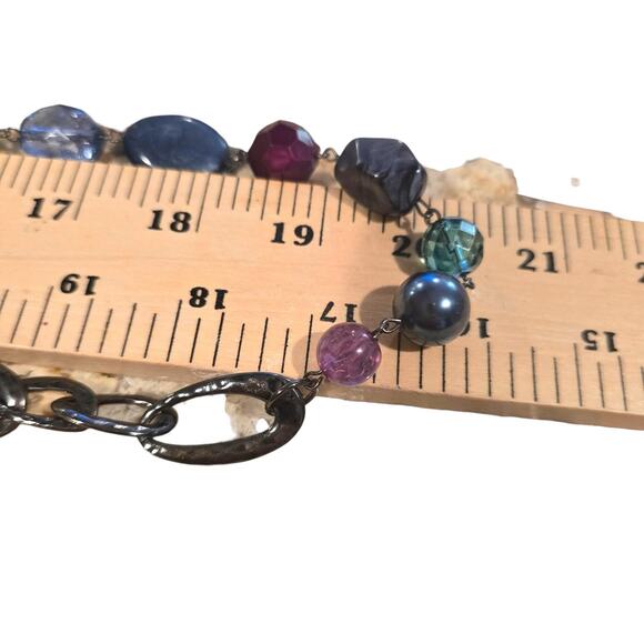 Lia Sophia Long Beaded Necklace Gunmetal Tone Multi Color Glass Acrylic Beads - Picture 5 of 7
